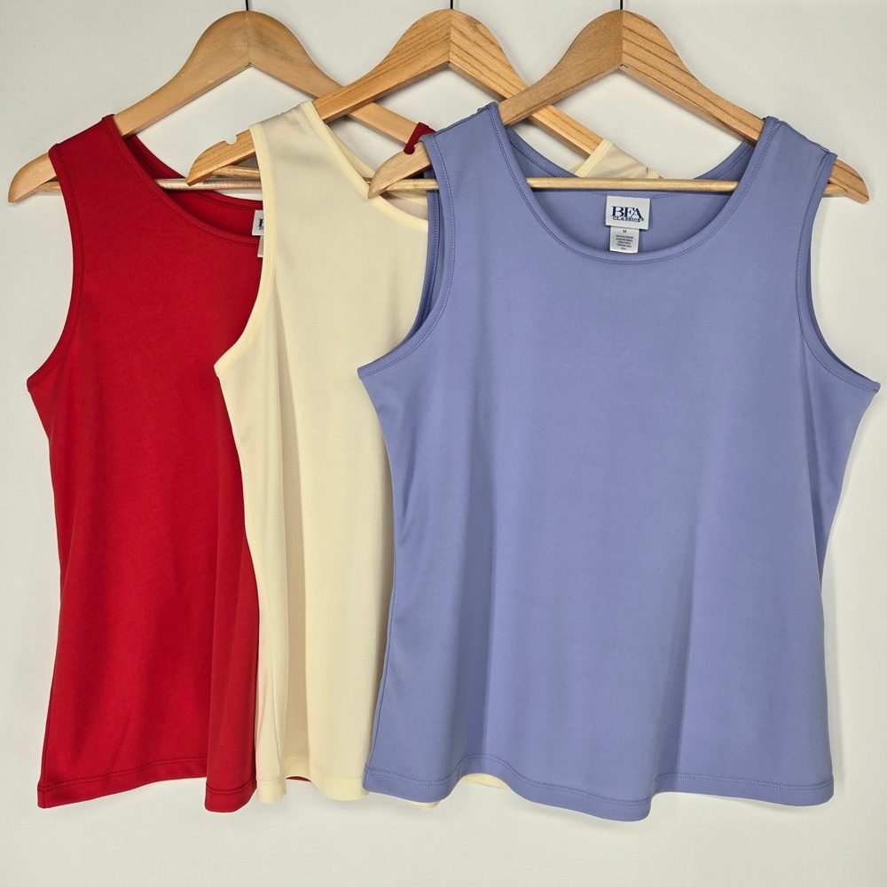 BFA Classics Tank Top Women Medium Red Cream Bundle Set 3 Sleeveless Scoop Basic